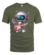 Cute Guitar Playing Robot Cartoon Music Lover Graphic T Shirt - military green t-shirt on white background