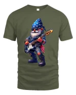 Rocking Music Gnome Cartoon Bass Guitar Graphic Tee - military green t-shirt on white background
