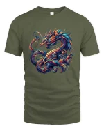 Vibrant Mythical Dragon Fantasy Art Graphic T Shirt - military green t-shirt on white background