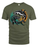 Epic Shark vs Dragon Battle Fantasy Creature Graphic T Shirt - military green t-shirt on white background