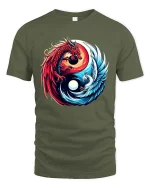 Dragon and Phoenix Yin Yang Mythical Fantasy Graphic T Shirt - military green t-shirt on white background