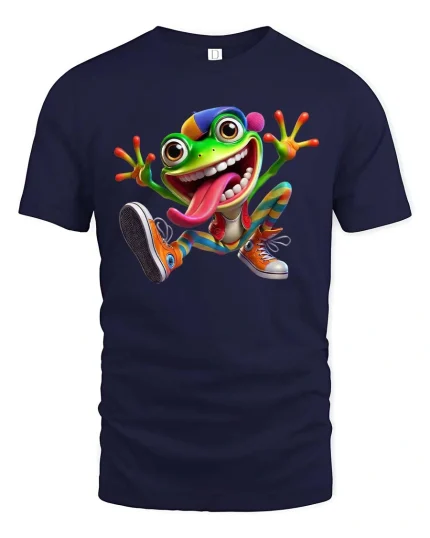 Playful Crazy Frog Cartoon Humor Graphic Tee - navy t-shirt on white background