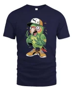 Funny Street Style Parrot Cartoon Cool Bird Graphic T Shirt - navy t-shirt on white background