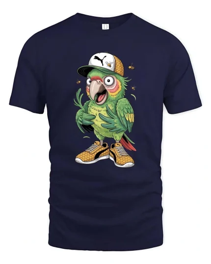 Funny Street Style Parrot Cartoon Cool Bird Graphic T Shirt - navy t-shirt on white background