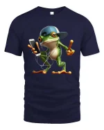 Cool Frog Listening Music Funny Cartoon Graphic T Shirt - navy t-shirt on white background