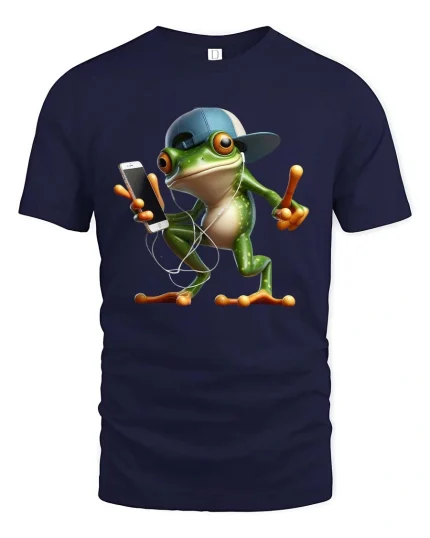 Cool Frog Listening Music Funny Cartoon Graphic T Shirt - navy t-shirt on white background