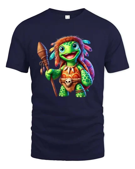 Cute Tribal Turtle Warrior Cartoon Graphic T Shirt - navy t-shirt on white background