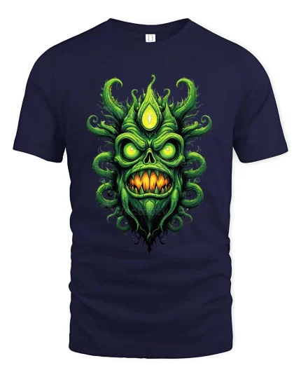 Green Eldritch Skull Monster Dark Horror Graphic T Shirt - navy t-shirt on white background