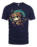Cute Tribal Warrior Cat Cartoon Native Style Graphic T Shirt - navy t-shirt on white background