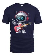 Cute Guitar Playing Robot Cartoon Music Lover Graphic T Shirt - navy t-shirt on white background