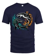 Epic Shark vs Dragon Battle Fantasy Creature Graphic T Shirt - navy t-shirt on white background