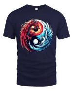 Dragon and Phoenix Yin Yang Mythical Fantasy Graphic T Shirt - navy t-shirt on white background