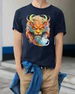 Mystic Rainbow Dragon Head Graphic Fantasy Art T Shirt - model wearing navy tee with hands in pockets