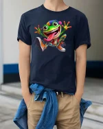 Playful Crazy Frog Cartoon Humor Graphic Tee - model wearing navy tee with hands in pockets