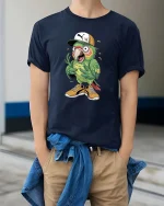 Funny Street Style Parrot Cartoon Cool Bird Graphic T Shirt - model wearing navy tee with hands in pockets