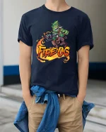 Fire OG Funny Weed Monster Cannabis Graphic T Shirt - model wearing navy tee with hands in pockets