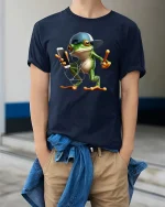 Cool Frog Listening Music Funny Cartoon Graphic T Shirt - model wearing navy tee with hands in pockets
