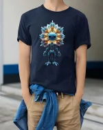 Cute Cosmic Flower Robot Sci Fi Graphic T Shirt - model wearing navy tee with hands in pockets