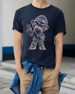 Cool Gangster Monkey Cartoon Street Style Graphic T Shirt - model wearing navy tee with hands in pockets