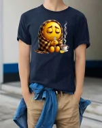 Sick Emoji Wrapped In Blanket Funny Graphic T Shirt - model wearing navy tee with hands in pockets