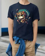 Cute Tribal Warrior Cat Cartoon Native Style Graphic T Shirt - model wearing navy tee with hands in pockets