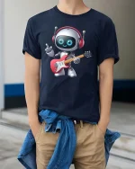 Cute Guitar Playing Robot Cartoon Music Lover Graphic T Shirt - model wearing navy tee with hands in pockets