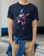 Rocking Music Gnome Cartoon Bass Guitar Graphic Tee - model wearing navy tee with hands in pockets