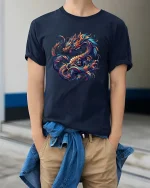 Vibrant Mythical Dragon Fantasy Art Graphic T Shirt - model wearing navy tee with hands in pockets