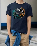 Epic Shark vs Dragon Battle Fantasy Creature Graphic T Shirt - model wearing navy tee with hands in pockets