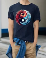 Dragon and Phoenix Yin Yang Mythical Fantasy Graphic T Shirt - model wearing navy tee with hands in pockets