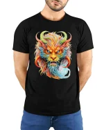 Mystic Rainbow Dragon Head Graphic Fantasy Art T Shirt - model wearing black tee with hands behind back