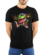 Playful Crazy Frog Cartoon Humor Graphic Tee - model wearing black tee with hands behind back