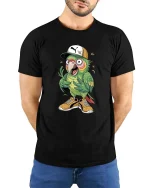 Funny Street Style Parrot Cartoon Cool Bird Graphic T Shirt - model wearing black tee with hands behind back