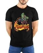Fire OG Funny Weed Monster Cannabis Graphic T Shirt - model wearing black tee with hands behind back