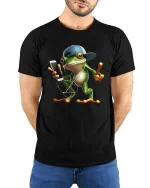 Cool Frog Listening Music Funny Cartoon Graphic T Shirt - model wearing black tee with hands behind back