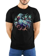 Dark Phoenix Spirit Bird Fantasy Gothic Graphic T Shirt - model wearing black tee with hands behind back