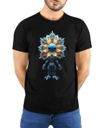 Cute Cosmic Flower Robot Sci Fi Graphic T Shirt - model wearing black tee with hands behind back