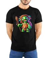 Cute Tribal Turtle Warrior Cartoon Graphic T Shirt - model wearing black tee with hands behind back