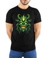 Green Eldritch Skull Monster Dark Horror Graphic T Shirt - model wearing black tee with hands behind back
