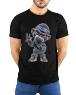 Cool Gangster Monkey Cartoon Street Style Graphic T Shirt - model wearing black tee with hands behind back