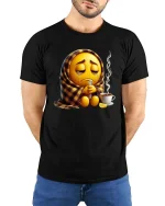 Sick Emoji Wrapped In Blanket Funny Graphic T Shirt - model wearing black tee with hands behind back