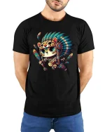 Cute Tribal Warrior Cat Cartoon Native Style Graphic T Shirt - model wearing black tee with hands behind back