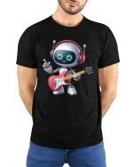 Cute Guitar Playing Robot Cartoon Music Lover Graphic T Shirt - model wearing black tee with hands behind back