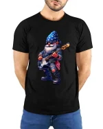 Rocking Music Gnome Cartoon Bass Guitar Graphic Tee - model wearing black tee with hands behind back