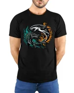 Epic Shark vs Dragon Battle Fantasy Creature Graphic T Shirt - model wearing black tee with hands behind back