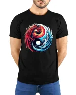 Dragon and Phoenix Yin Yang Mythical Fantasy Graphic T Shirt - model wearing black tee with hands behind back