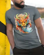 Mystic Rainbow Dragon Head Graphic Fantasy Art T Shirt - model wearing grey tee, leaning on column
