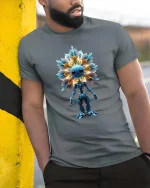 Cute Cosmic Flower Robot Sci Fi Graphic T Shirt - model wearing grey tee, leaning on column
