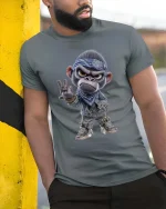 Cool Gangster Monkey Cartoon Street Style Graphic T Shirt - model wearing grey tee, leaning on column