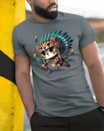 Cute Tribal Warrior Cat Cartoon Native Style Graphic T Shirt - model wearing grey tee, leaning on column